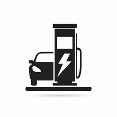 Ładowanie samochodu elektrycznego, stacja ładowania i elektromobilność, energia i transport przyszłości. Czarna ikona na białym tle.