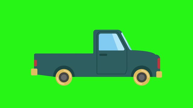 Rural farm pickup truck flat vector icon animation on green screen background