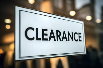 Wyprzedaż, napis „clearance” na szyldzie w sklepie, duże obniżki cen i końcówka serii. Witryna w tle. © Henryk Guziak