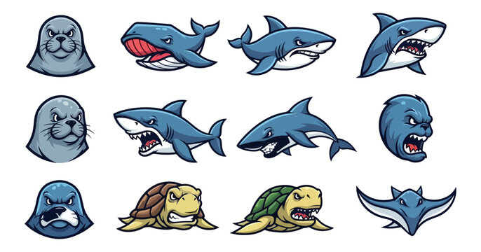 Marine animal collection sharks seals whales and turtles illustrations
