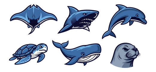Obraz premium Marine animals set stingray shark dolphin turtle whale seal illustrations