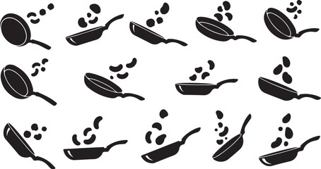 Black silhouette frying pan icons on white background pattern
