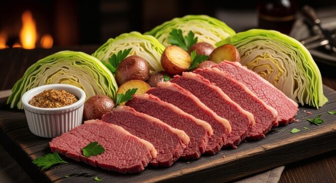 Sliced corned beef with cabbage and carrots on wooden board near fireplace for St Patrick's Day feast perfect for National Corned Beef & Cabbage Day