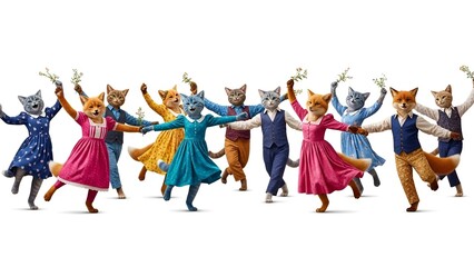 Fototapeta premium Anthropomorphic Cats Dancing Joyfully in Colorful Outfits, Whimsical Characters Performing a Lively Group Dance, Stock Image for Children's Entertainment and Storytelling