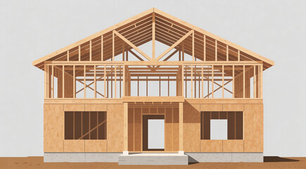 Two-story wooden house under construction with exposed framing, beams, and trusses. Concrete foundation and OSB panels show early stage of residential building and architectural layout