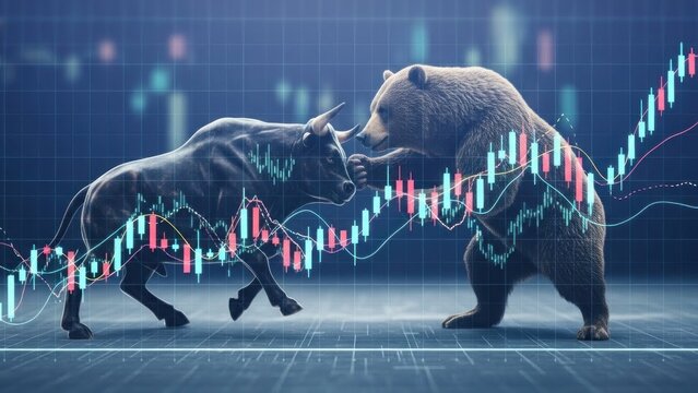 Two bears fighting over a stock market graph.