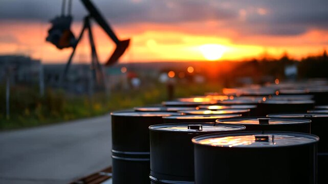 Black metal oil barrels lined up in industrial landscape at sunset, pump jack silhouette in background, vivid atmospheric scene, petroleum industry display, defocused sunset