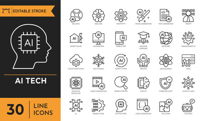 AI Technology outline icon set. Editable stroke. Vector Illustration