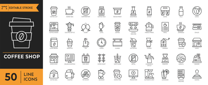 Coffee Shop outline icon set. Contain icons related to coffee, drink, beverage, Coffee maker, coffee house, coffee shop elements, and more. Editable stroke. Vector Illustration