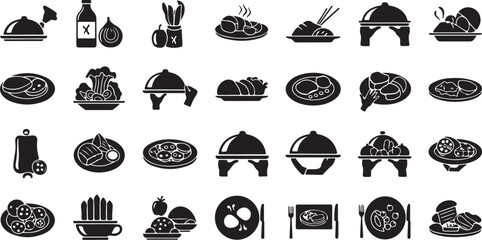 Food icons set with various dishes and kitchen tools