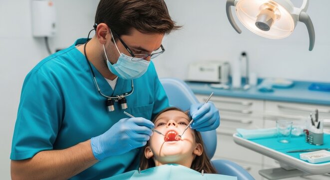 A dentist examining a young patient's teeth in a clinic