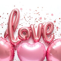 Shiny pink "love" balloons, heart balloons, and confetti against a bright white background for a celebratory mood