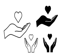 Obraz premium A collection of hands offering or receiving love depicted with heart icons in black and white