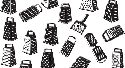Various kitchen graters and shredders on white background illustration