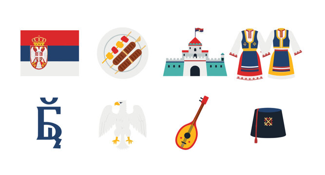 Serbia national symbols and cultural icons flat design illustration