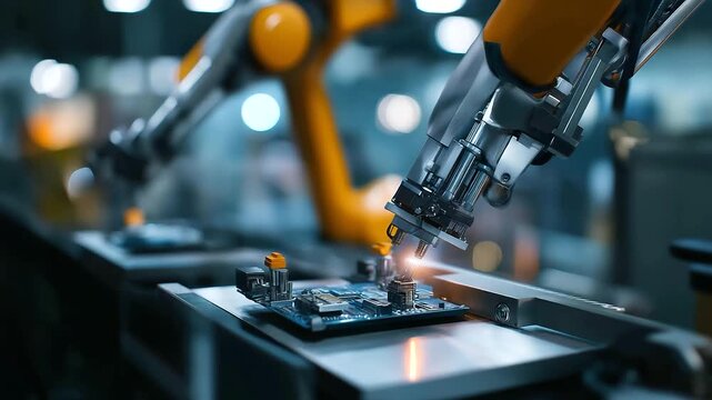 Modern electronics manufacturing assembly line with robotic arms, automated circuit production, precision electronics assembly, technological manufacturing scene, defocused