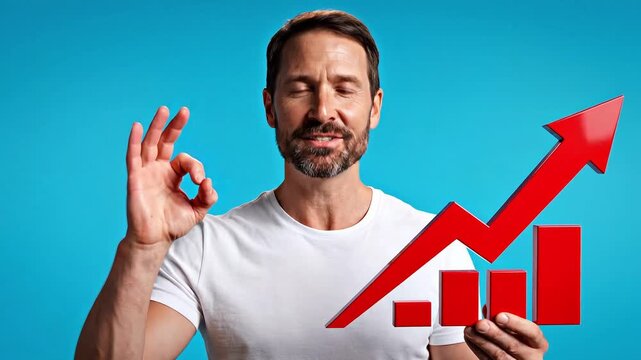 Man giving an okay sign with a red graph on a blue background video