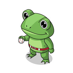 Fototapeta premium Cute Green Frog Character Holding Baseball Wearing Red Belt.