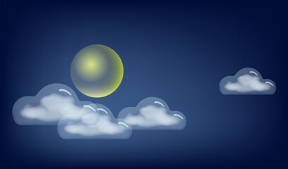 3D glass clouds and full moon on night sky background