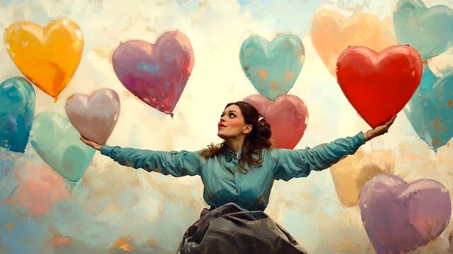 Woman Surrounded by Heart Shapes in Sky.
