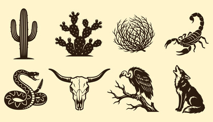 Desert Wildlife and Western Plants Silhouette Vector Set © 777SKYLABS