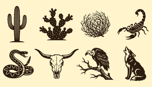 Desert Wildlife and Western Plants Silhouette Vector Set