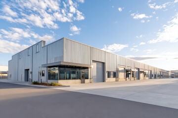 Fototapeta premium Modern warehouse exterior with loading docks and metal siding at dawn