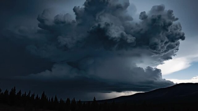 Massive supercell thunderstorm cloud over mountain landscape, dramatic dark cumulonimbus storm formation in moody sky
