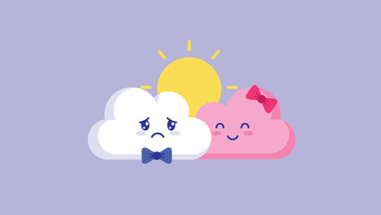 Obraz premium Sad white cloud with a bow tie next to a happy pink cloud with a bow and the sun on a purple background for weather and mood themes.