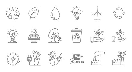 Comprehensive set of ecology and environmental sustainability icons, promoting green energy and responsible living, isolated white background