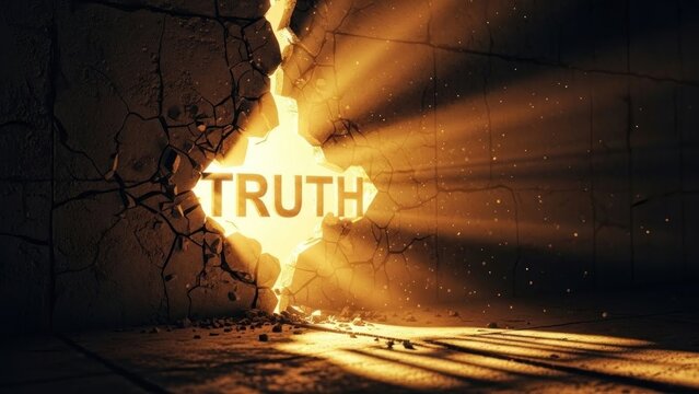 A crack in a wall with the word 'TRUTH' emerging from it, with rays of light shining through.