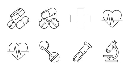Obraz premium Essential Health and Medical Line Icons Including Pills, Heartbeat, and Microscope, isolated white background