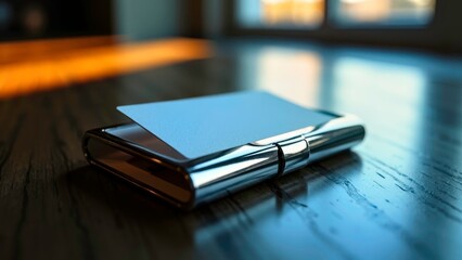 Close up of metal business card box