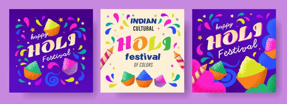 Holi Indian festival of colours, set of square banner, cards, posters, print, India national holidays, creative vector illustration
