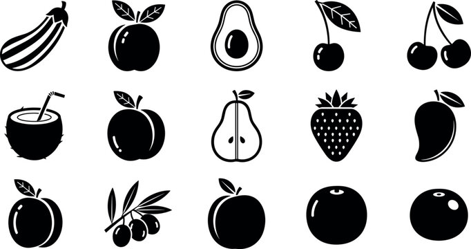 Set of Black Fruit and Vegetable Glyph Icons Isolated on White Background for Healthy Food Design