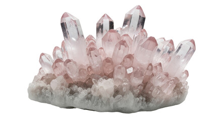Rose quartz crystal cluster isolated PNG on transparent background, mineral specimen for geology and metaphysical use