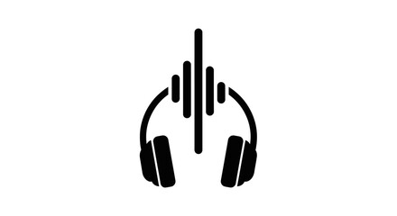 Obraz premium Black headphones icon with an abstract sound equalizer graphic above, symbolizing music, audio, and listening experience on an isolated white background.