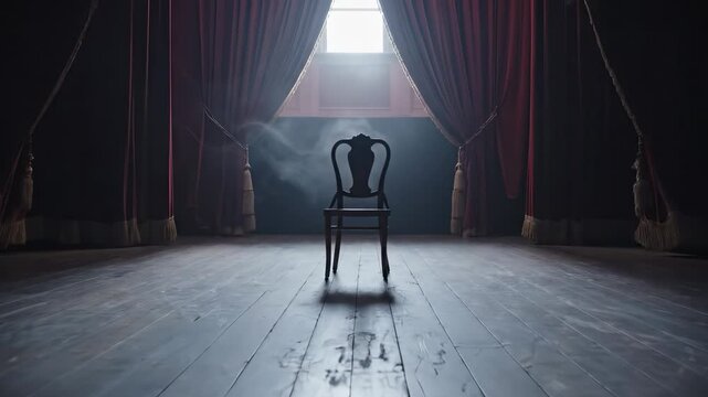 A single chair sits alone in a dimly lit room, drawing attention with its stark presence. The curtains frame the chair, adding depth to the mysterious setting.