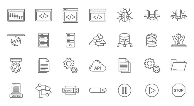 Collection of web development and data technology line icons for programming, cloud, and search on an isolated white background.