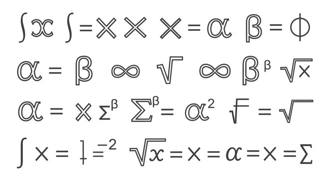 Collection of Various Mathematical Formulas and Equations with Symbols, Representing Complex Calculations on an Isolated White Background.
