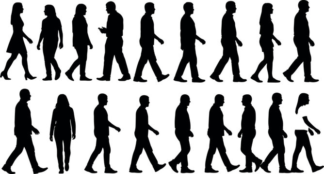 Walking people silhouettes set vector collection of men and women pedestrians going side view isolated on white background design element