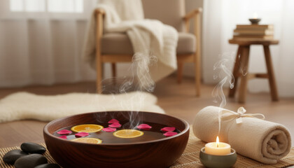 Warm bath with steam rising from wooden bowl filled with citrus and petals creating spa atmosphere in cozy home setting