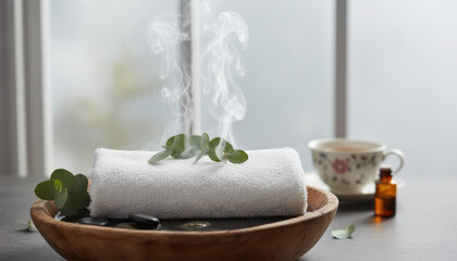 Steaming bath towel on wooden bowl with spa stones and eucalyptus leaves creating warm steam effect in home spa setting