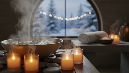 Warm bath steam rises in cozy home spa setting with candles and snowy winter view outside window creating peaceful atmosphere