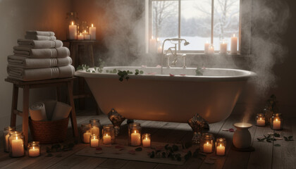 Cozy home spa bath with steam rising from tub surrounded by lit candles and soft towels creating relaxing atmosphere for self care