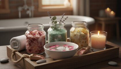 Spa bath home relaxation with steam and aromatic salts in jars on wooden tray with candle and towel for calming wellness