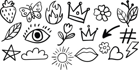 Hand Drawn Doodle Icon Set with Strawberry Butterfly Flower Crown Eye Star Sun Heart Leaf Lightning Bolt Cute Outline Vector Collection © nasima0204