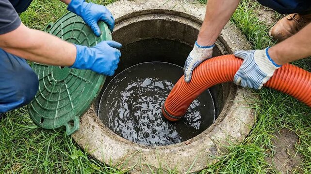 Skilled workers in protective gloves performing essential maintenance, inserting a pump hose into an outdoor septic tank.