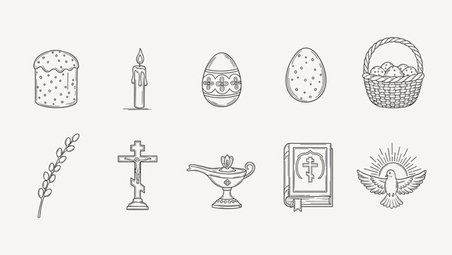 Collection of Orthodox Christian Easter symbols and religious icons in line art