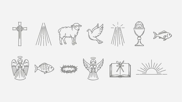 Collection of Christian religious symbols and icons in a minimalist line art style